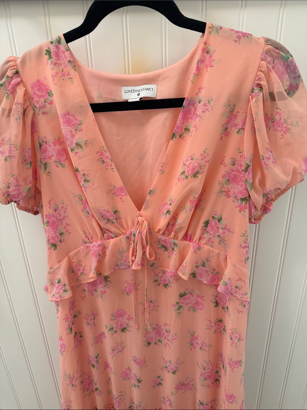 LoveShackFancy Peach-Pink Floral Ruffle Dress